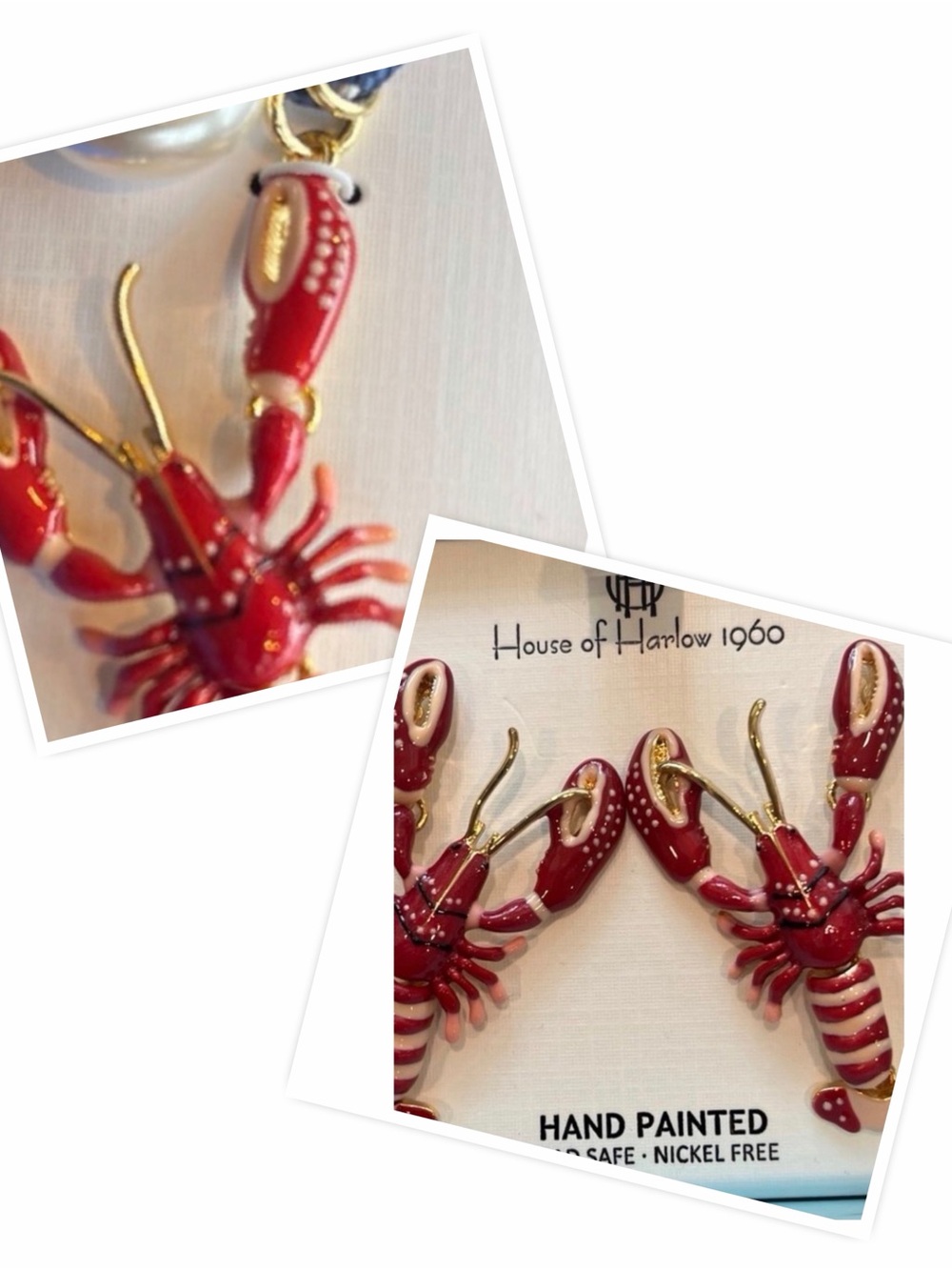 Red Enamel Lobster Pendant Necklace with Pearl Charm and Matching Earrings